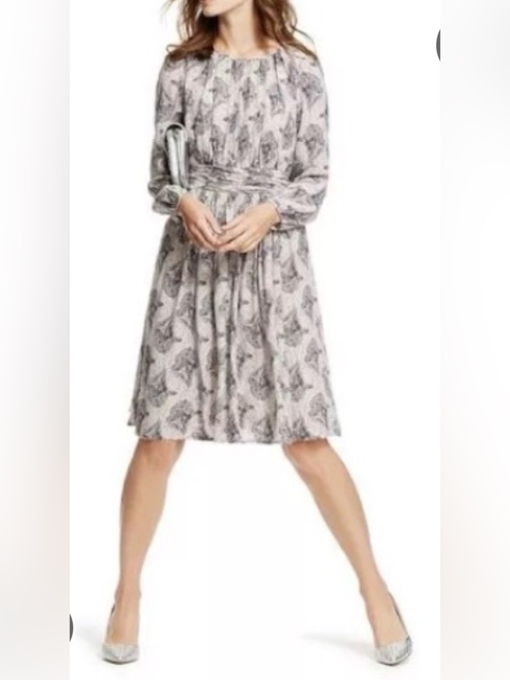 Boden Selina Floral Dress Long Sleeve Fit Flare Knee Length Grey Romantic Work - Picture 2 of 16